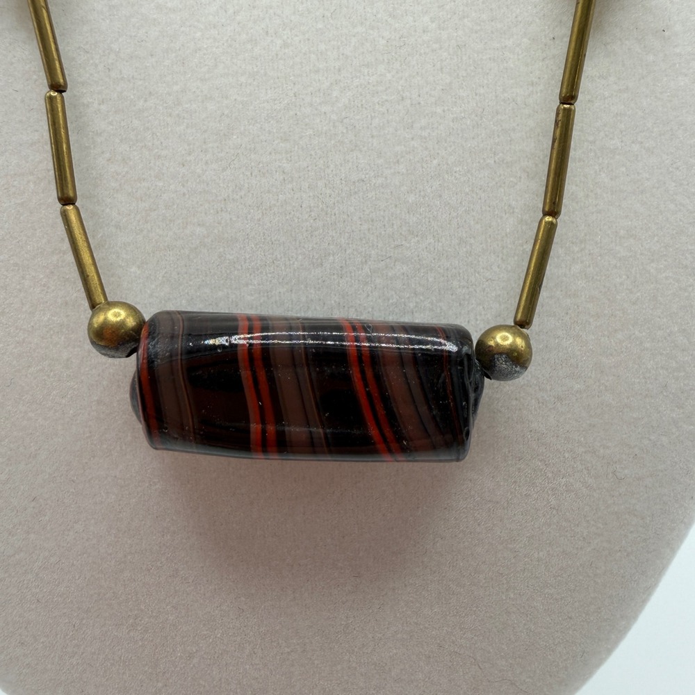 Vintage Gold Tone Brass? Metal Necklace Burgundy Striped Glass Bead Statement